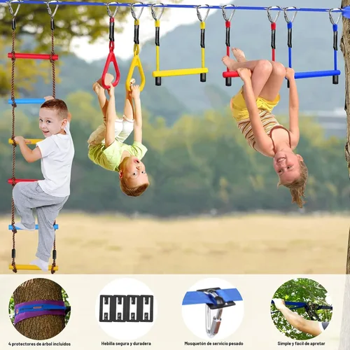 Vista 3 de Ninja Warrior - Carrera de obstáculos para patio trasero de niños, kit de línea floja de 65 pies con 13 obstáculos, hebillas de instalación rápida