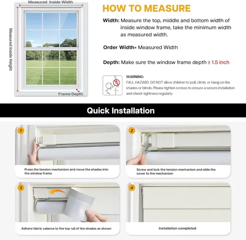 Vista 6 de LazBlinds - Persianas enrollables opacas sin taladro, 20 pulgadas de ancho x 48 pulgadas de alto, beige Inalámbrico, tela con aislamiento térmico