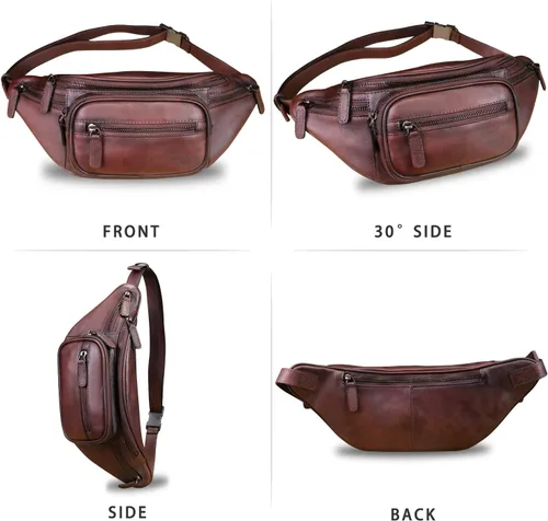 Vista 4 de Cangurera de cuero genuino para mujeres y hombres, riñonera de cuero, bolso bandolera de moda, bolso cruzado de hombro, mochila (café)
