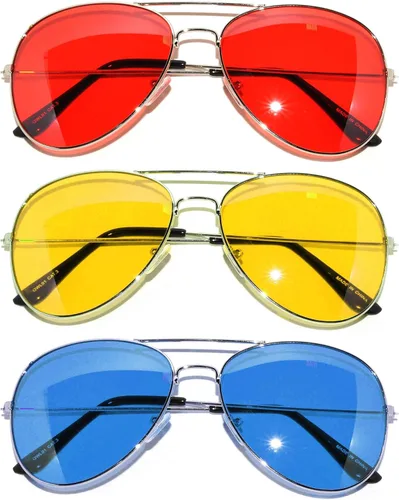 Vista 2 de Paquete de 3 lentes de color con protección UV y marco de metal unisex (paquete de 3 unidades avi-red-yell-blu, de colores), Rojo, amarillo, azul