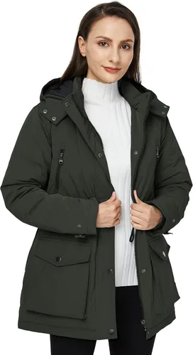 Vista 3 de Wenven Abrigos de invierno impermeables para mujer, chaquetas acolchadas gruesas y cálidas con capucha desmontable Verde militar