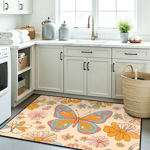 Vista 8 de Alfombra retro de los años 70 y 60, diseño hippie de verano, con diseño de mariposas y flores, alfombra de juego para exteriores, alfombra de juego