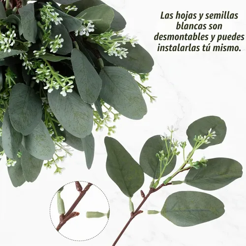 Vista 3 de Hoteam 180 piezas de tallos de eucalipto, hojas de eucalipto artificiales, tallos verdes, tallos artificiales plateados con semillas blancas, ramas