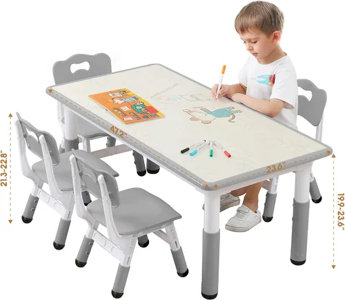 Vista 7 de Juego de mesa y silla para niños, juego de mesa y sillas para niños, altura ajustable, patas y organizador de mesa antideslizantes, escritorio