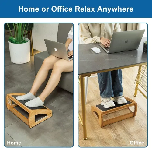 Vista 3 de StrongTek Reposapiés ergonómico para debajo del escritorio, 3 alturas ajustables de madera para oficina, superficie grande antideslizante, mejora