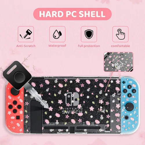Vista 4 de FANPL Lindo paquete de funda de transporte para Nintendo Switch, kit de accesorios de funda de interruptor rosa con funda de viaje dura de flores