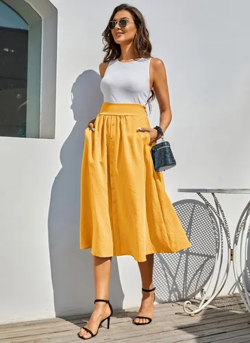 Vista 4 de Kate Kasin Falda midi de cintura alta para mujer, estilo vintage, elástica, acampanada, plisada, con botones y bolsillos