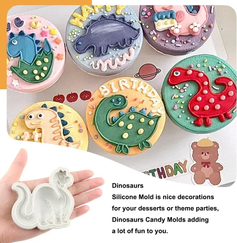 Vista 3 de Sijiangmold Moldes de silicona para fondant de dinosaurio para decoración de pasteles de dinosaurios, chocolate y dulces, decoración de cupcakes