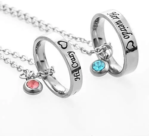 Vista 8 de MJartoria collares a juego para parejas, para él y ella, dijes de anillo grabados, con diamantes de imitación, regalo para novio y novia