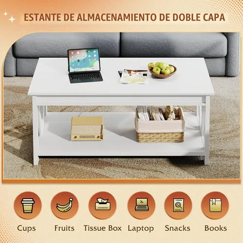 Vista 4 de WLIVE - Mesa de café con estante de almacenamiento, mesa de café granja de 39.4" con soporte en V, mesa de centro rústica de 2 niveles para sala