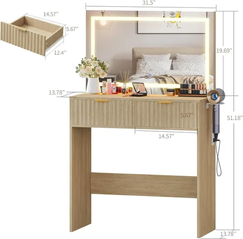 Vista 3 de Fluted Vanity Desk with Mirror and Lights, Makeup Vanity with 2 Drawers, 3 Lighting Modes Adjustable Brightness, Dressing Table for Bedroom, Natural