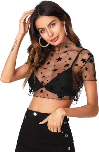 Vista 4 de Floerns Blusa de malla transparente con cuello alto falso y patrón de estrellas para mujer sin brasier
