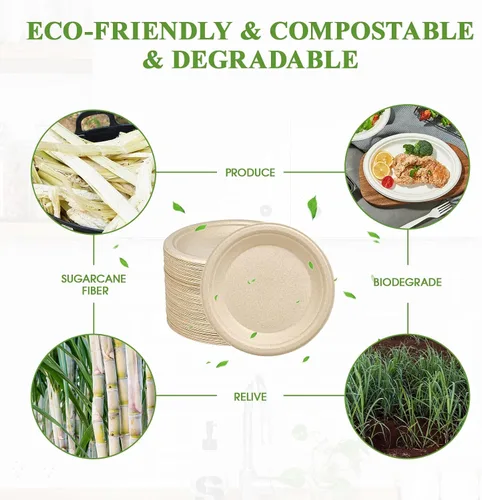 Vista 3 de Vplus Paquete de 125 platos de papel de 6 pulgadas, 100% compostables, platos de papel desechables de alta resistencia, bagazo, natural
