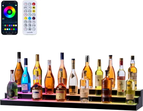 Vista 15 de VEVOR Pantalla de botella de licor con iluminación LED, 2 niveles de 30 pulgadas, compatible con USB, estante iluminado de bar para el hogar