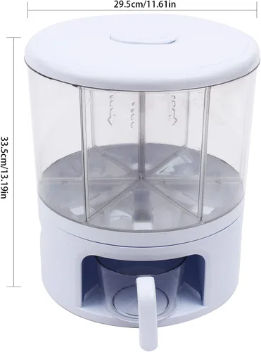 Vista 2 de Dispensador de granos giratorio de 360°, dispensador de cereales grande de 6 rejillas, recipiente de grano sellado con divisor y mango extraíbles