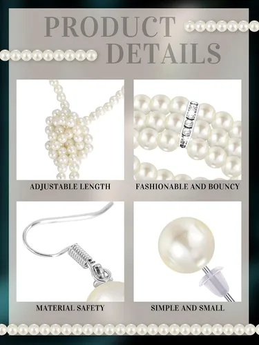 Vista 5 de Glenmal Juego de joyas de perlas con diamantes de imitación para mujer, collar de perlas, pulsera y aretes para boda, cumpleaños, despedida