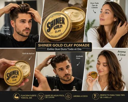 Vista 6 de Shiner Gold - Pomada de arcilla Fijación fuerte Acabado mate A base de agua Aroma de coco, 3.5 onzas