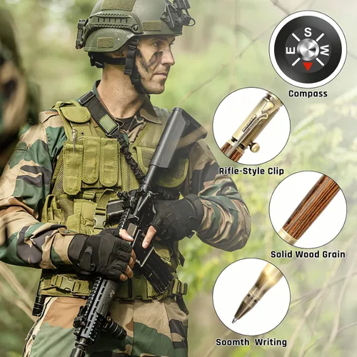 Vista 3 de Bolígrafo Bolt Action con brújula y clip para rifle y recargas adicionales y decoración de oficina, regalo para papá/colega/novio/esposo
