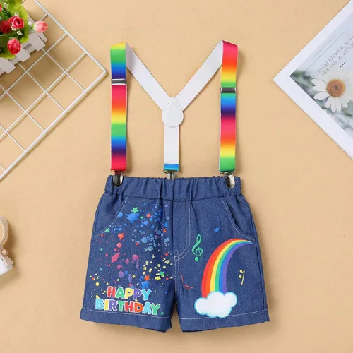 Vista 4 de IMEKIS Toddler Baby Boys Melon Birthday Outfit Romper T-shirt + Jeans Shorts + Suspenders Rainbow Cake Smash Photo Shoot 1-5T