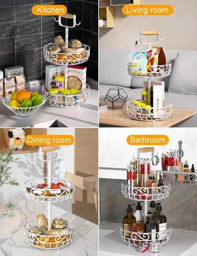Vista 6 de Plato de 2 niveles y frutero – Almacenamiento de frutas y verduras con colgador de árbol de plátano y mango de madera, cesta de frutas para encimera