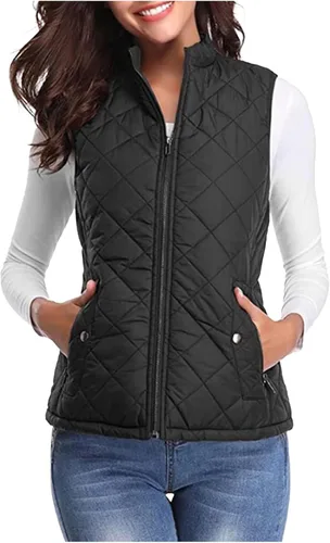 Vista 2 de Chaleco acolchado para mujer, con cuello alto, ligero, con cremallera, sin mangas, chaquetas de plumón de invierno, chalecos cálidos, ropa de abrigo