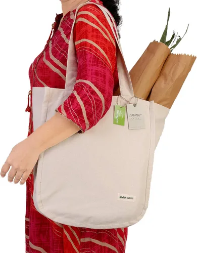 Vista 4 de AMOUR INFINI Bolsas de comestibles de algodón orgánico con funda para botella, juego de 3 bolsas de hombro plegables y lavables con asas reforzadas