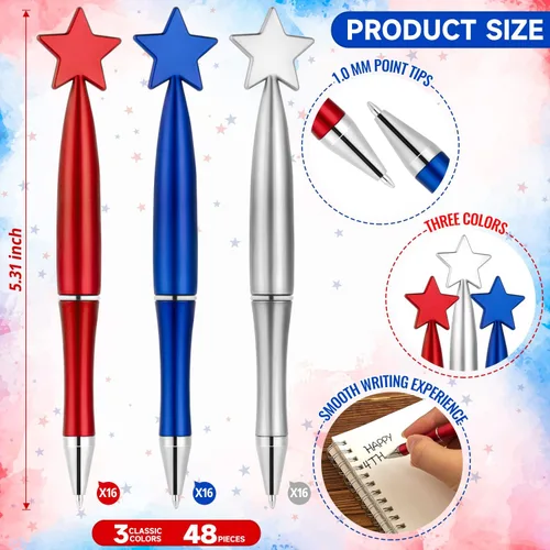 Vista 5 de 48 bolígrafos con diseño de estrella, 4 de julio, Día de la Independencia, bolígrafos de tinta negra patriótica de 0.039 pulgadas para suministros
