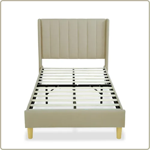 Vista 4 de Upholstered Bed Frame with Wingback Headboard and Wood Slats (Beige-Linen, Twin)