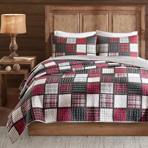 Vista 23 de Woolrich - Juego de edredón reversible de algodón, estilo cabaña invertido a color sólido, colcha ligera de retazos para todas las estaciones