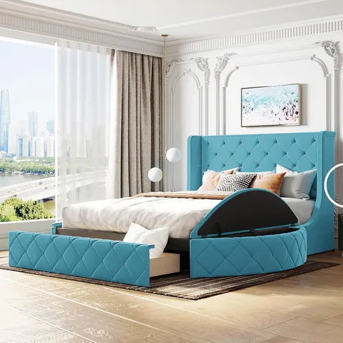 Vista 11 de Bellemave Cama de plataforma tapizada de terciopelo con almacenamiento, marco de cama tamaño Queen con cabecero, 1 cajón grande y 2 taburetes