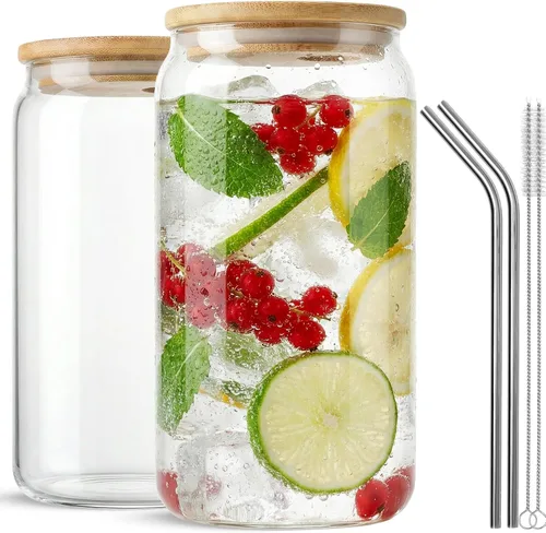Vista 10 de ASKIZ 16 Vasos de Vidrio con Tapas de Bambú y Pajitas, Taza de Café Helado de 16 Oz, Juego de Vasos para Beber, Botellas de Agua de Vidrio