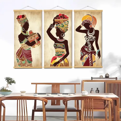 Vista 3 de 3 piezas de pintura en lienzo étnica africana de mujer negra, arte de pared vintage para sala de estar y dormitorio, arte en lienzo con marcos