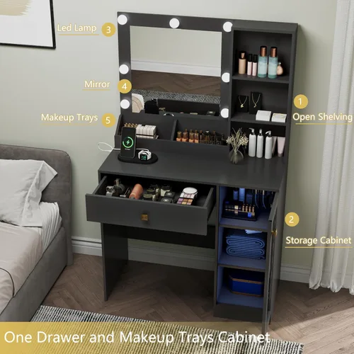 Vista 7 de Wodeer Pequeño escritorio de maquillaje con espejo y luces, tocador con armario de cristal, luces LED y toma de corriente, cajón y gabinetes