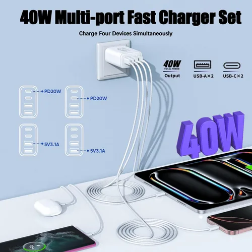Vista 3 de Cargador para iPhone 17 de carga rápida, bloque de cargador USB C de 4 puertos, paquete de 2 cargadores de Apple de 40 W con cable trenzado USB C a