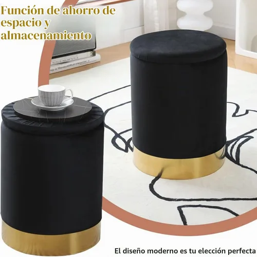 Vista 3 de Otomán de Terciopelo con Almacenamiento Reposapiés Multiusos Taburete con Base de Metal Taburete Redondo Moderno para Tocador Silla Otomán