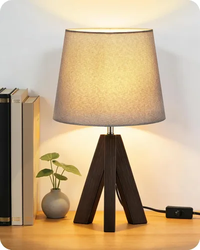 Vista 12 de Juego de 2 lámparas de mesa trípode pequeñas, lámpara moderna de mesita de noche con pantalla de tela, luz de escritorio de madera estilo bohemio