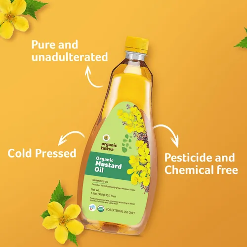 Vista 3 de Organic Tattva Aceite de mostaza prensado en frío (1 litro) – Aceite de mostaza orgánico fresco sin refinar para el cabello, cuidado de la piel