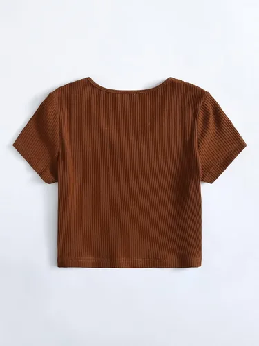 Vista 2 de Floerns Camiseta básica de punto acanalado de manga corta con cuello en V para mujer