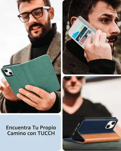 Vista 9 de TUCCH Funda tipo cartera para iPhone 13 5G, de piel sintética, con 3 ranuras para tarjetas, diseño de libro con soporte, funda interior de TPU a