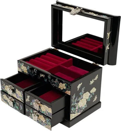 Vista 8 de Caja de Joyería February Mountain con Incrustación de Nácar - Diseño Tradicional de Flores y Mariposas Elegante para Ella