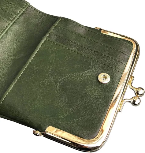 Vista 5 de AOXONEL Cartera para mujer, pequeña, Rfid, compacta, plegable, de piel, vintage, con cremallera y cierre de beso