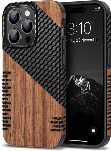 Vista 30 de TENDLIN Compatible con Funda para iPhone 14 de Grano de Madera con Diseño de Textura de Fibra de Carbono, Funda Híbrida de Cuero delgada Negra Negro