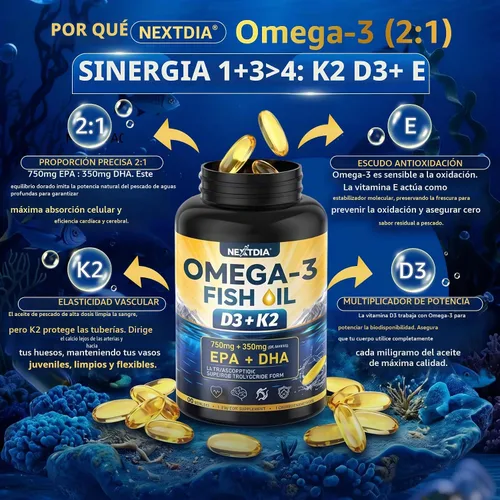Vista 6 de Omega-3 Fish Oil Supplement 1250mg, Vitamin D3 5000IU, K2 E, 3-Month Supply