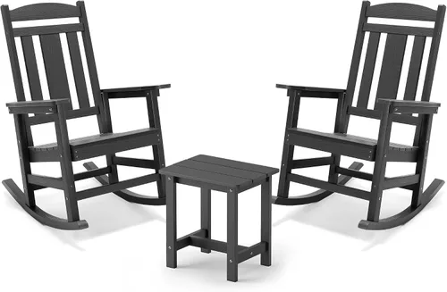 Vista 23 de LUE BONA Mecedora para exteriores, sillas mecedoras de plástico de polietileno resistentes a la intemperie, 350 lb de servicio pesado, de gran Negro