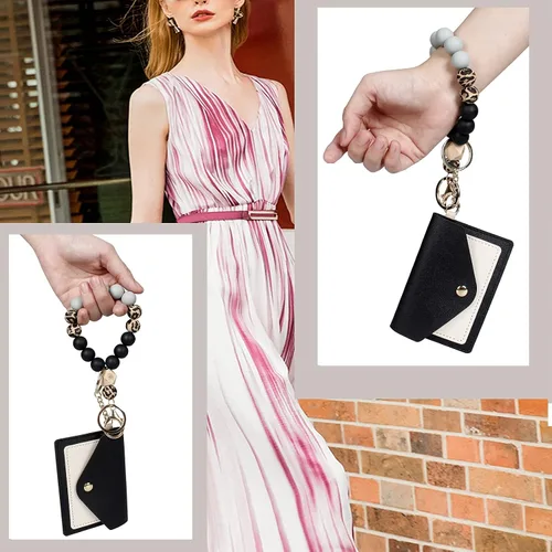 Vista 6 de Llavero de pulsera para mujer, pulsera de silicona con cuentas de silicona, llaveros con soporte para tarjetas