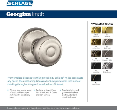 Vista 2 de SCHLAGE F10 GEO 716 Pomo de Puerta Georgiano, Cerradura de Paso para Pasillo y Armario, Bronce Envejecido (Paquete de 4)