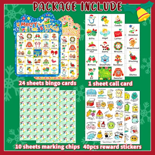Vista 2 de 39 tarjetas de bingo de Navidad, 24 jugadores, lindo juego de bingo de Navidad para niños y adultos, suministros de fiesta, juegos familiares