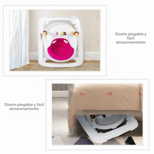 Vista 7 de Andador de bebé con ruedas para niños y niñas Andador plegable con juguetes para caminar y altura ajustable de 3 niveles, cómodo caminador de Rosa