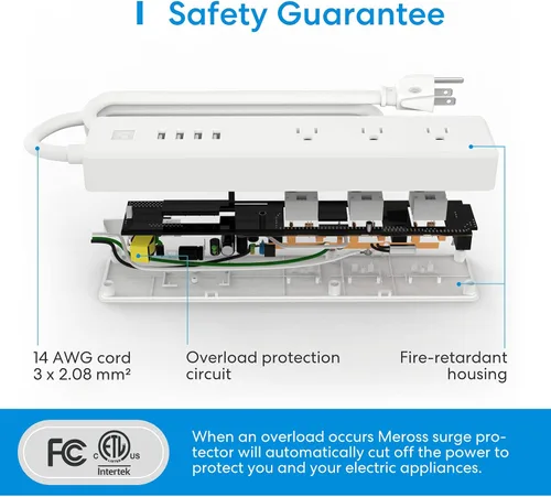 Vista 6 de Meross Regleta inteligente compatible con Apple HomeKit, Siri, Alexa y Google Home, protector de sobretensiones WiFi con 3 salidas de CA, 4 puertos