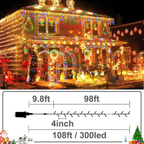 Vista 3 de Luces de Navidad que cambian de color, 98 pies, luces de Navidad para exteriores, 11 modos, impermeables, enchufables, luces parpadeantes